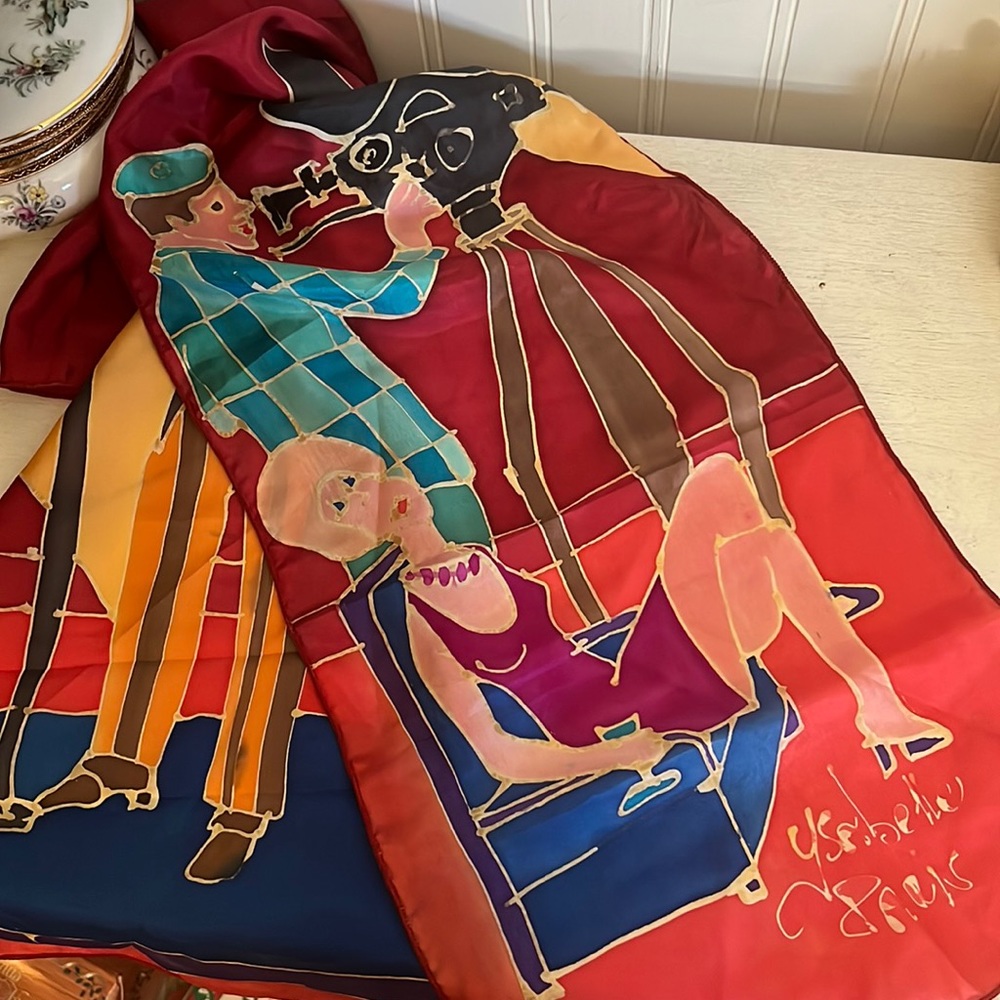 Vintage Silk Batik print scarf signed Isabelle Paris 60” x 9”